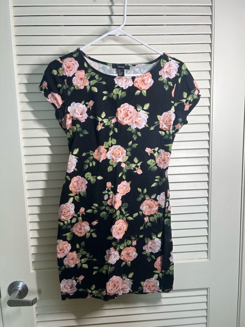 Forever 21 Black Mini Dress with Pink Rose Print